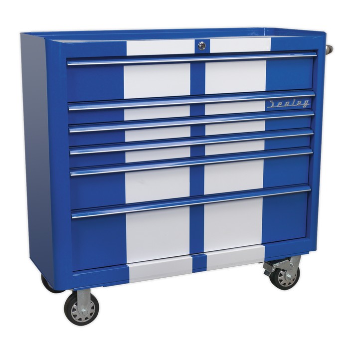 Sealey Premier™ Retro Style Wide Rollcab 6 Drawer - Blue with White Stripes
