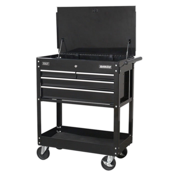 HD Mobile Tool/Parts Trolley 4 Drawer + Lockable Top - Black