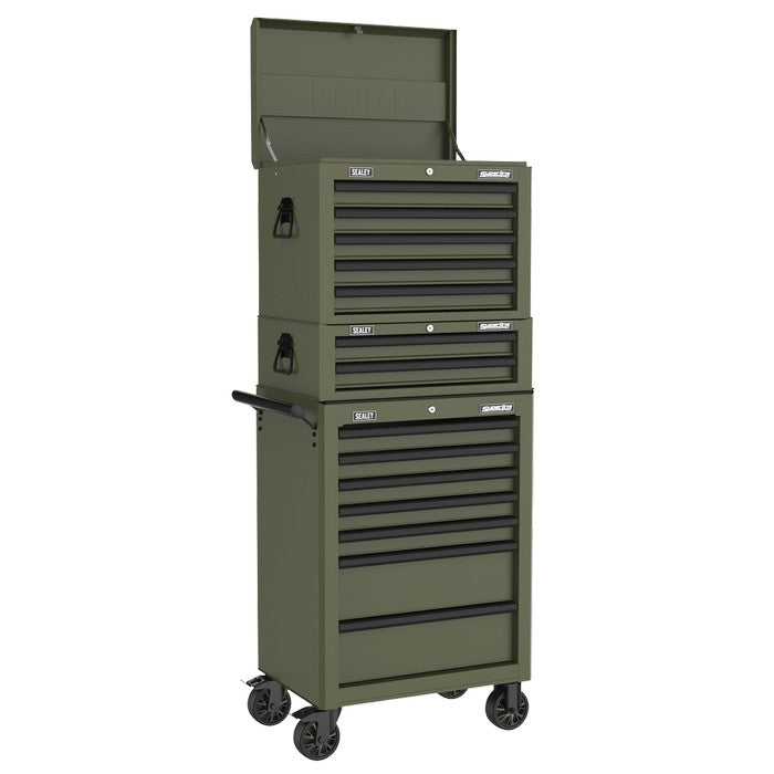 Sealey Topchest, Mid-Box Tool Chest & Rollcab Combo 14 Drawer Khaki