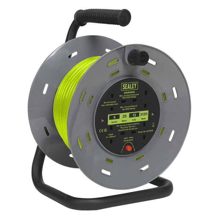 25m Cable Reel with Thermal Trip 4 x 230V - Hi-Vis Green