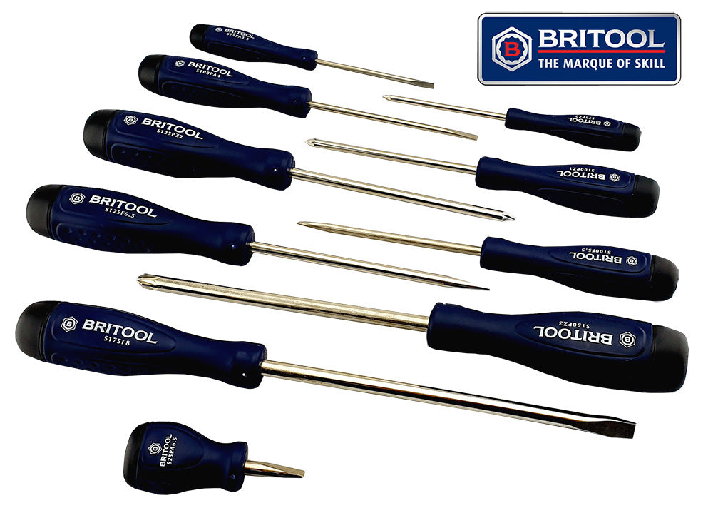 Britool 10pc Screwdriver Set Pozidriv (PZ) & Slotted / Flared Tip