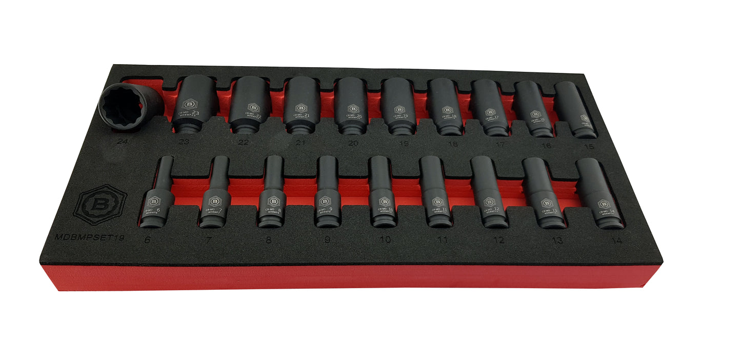Britool Hallmark 19pc 3/8"Sd Deep 12 Point Black Impact Socket Set 6-24mm