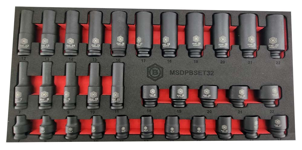 32pc Standard & Deep 3/8" Impact Socket Set 7-22mm (12 Point) Britool Hallmark