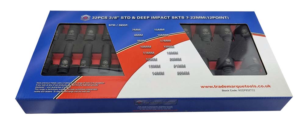 32pc Standard & Deep 3/8" Impact Socket Set 7-22mm (12 Point) Britool Hallmark