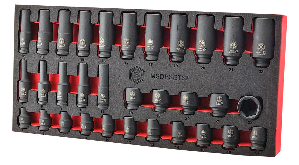Britool Hallmark 32pc Standard & Deep 3/8" Impact Socket Set + Extension Bar Set