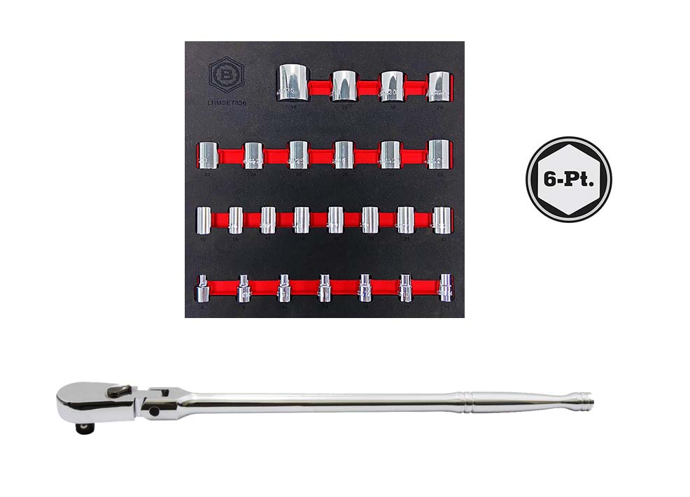 1/2" Drive Socket Set 10-36mm + Flex Head Ratchet From Britool Hallmark Range