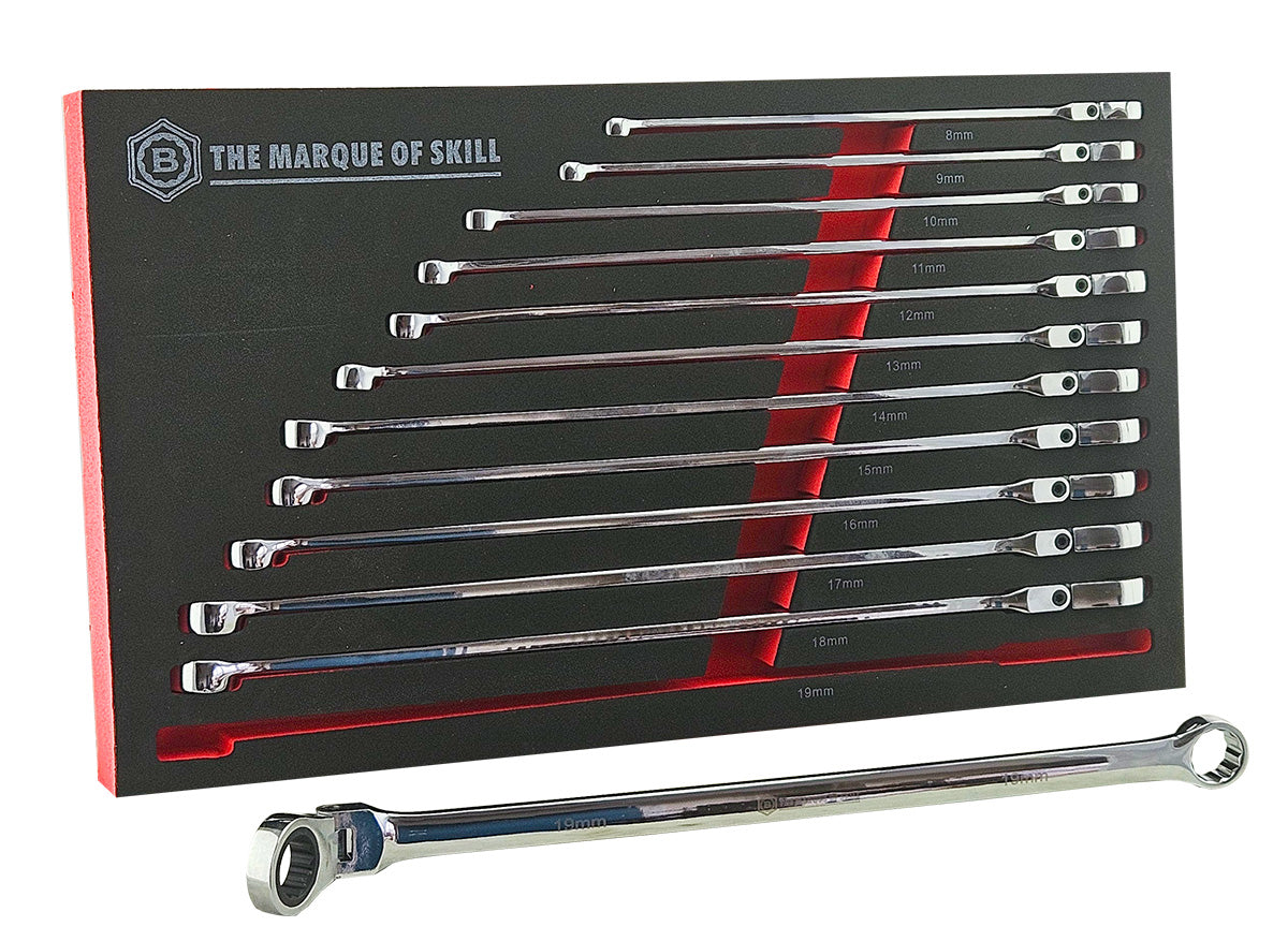 Britool Hallmark 12pc Extra-Long Flat Flexi Ring Ratchet Spanner Set 8-19mm