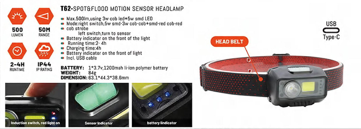 LED Head Torch with Motion Sensor – Hands-Free Lighting for Work, Camping & Outdoor Use