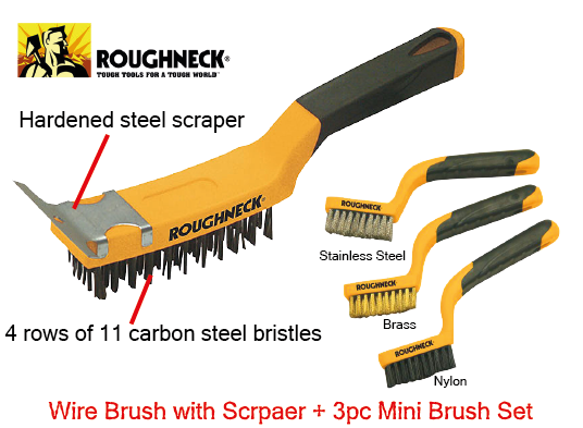 Roughneck Wire Brush With Scraper + 3pc Mini Brush Set