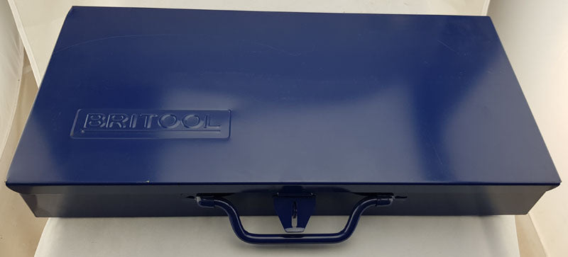Dark Blue Metal Tool Case With Hinged Lid And Latch, Ideal For 1/2" Socketry