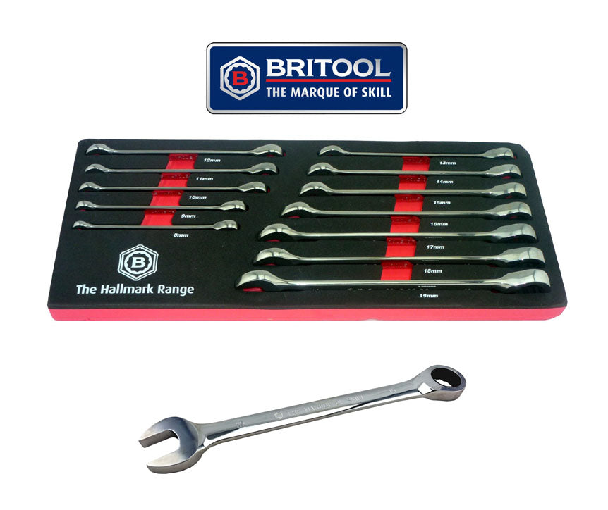 Britool Hallmark Ratchet Spanner Set 12 Pieces 8-19mm In Foam Tray