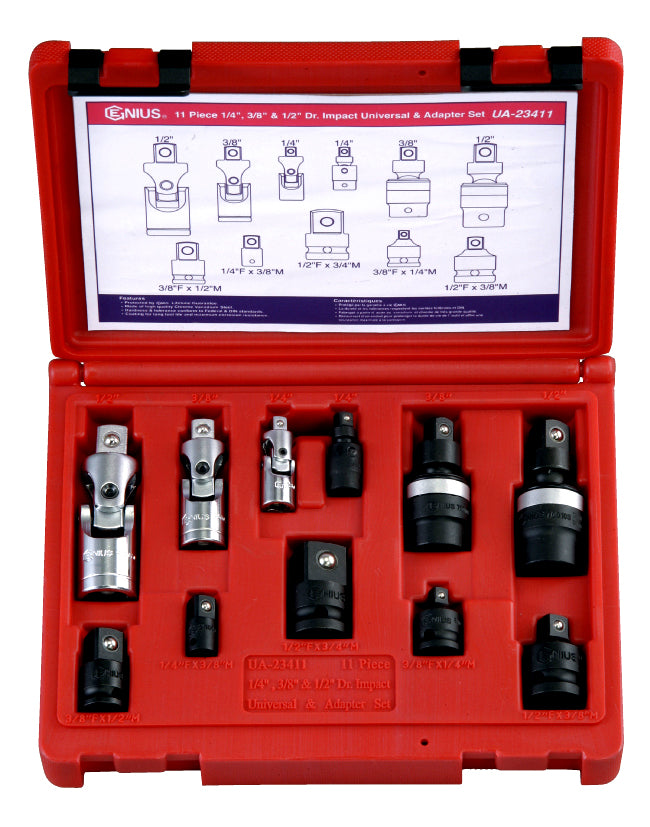 Genius Tools Ua-23411 11pc 1/4, 3/8 & 1/2"Sd Impact Universal & Adapter Set