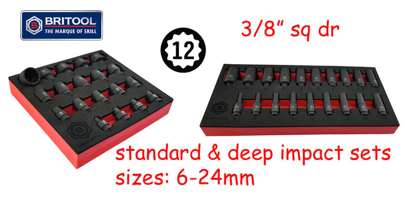 3/8" Dr Impact Socket Sets (Standard & Deep) 12 Point Profile Britool Hallmark