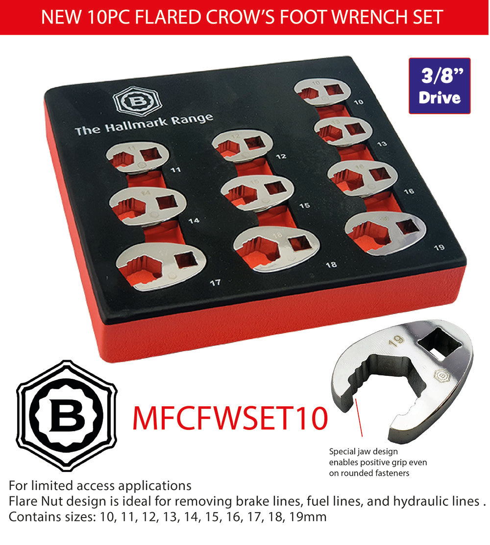 3/8" Crow's Foot Spanner / Wrench Set 10 Piece Britool Hallmark, 10-19mm
