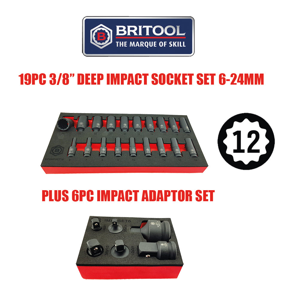 Britool Hallmark 3/8" Drive 12 Point Impact Socket Set + 6pc Impact Adaptor Set