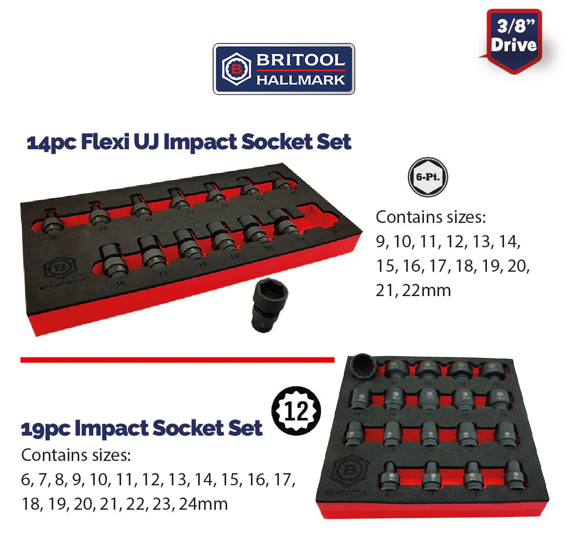 Britool Hallmark 3/8" Flexi Impact Socket Set + 12 Point Impact Socket Set