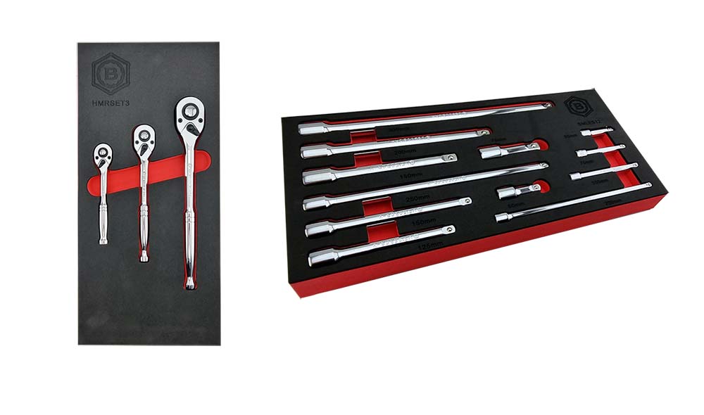 3 Piece Ratchet Set + Extension Bar Set In Tool Control Foams Britool Hallmark