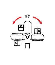 Diagram showing a mechanical component with two red arrows indicating a 180-degree rotation on a white background.