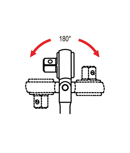 Diagram showing a mechanical component with two red arrows indicating a 180-degree rotation on a white background.