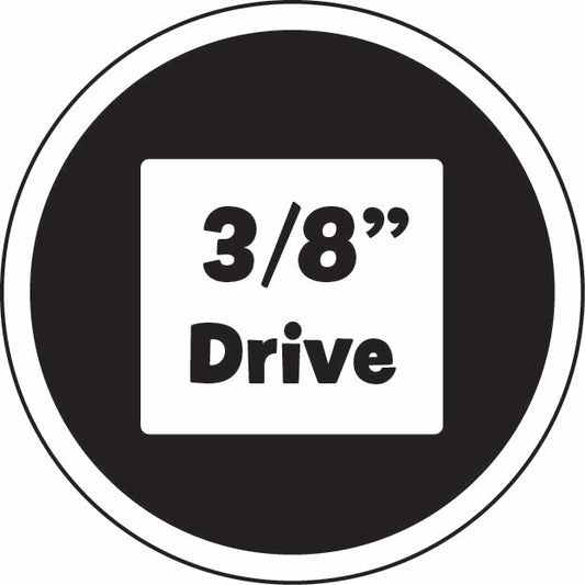 Circular icon with '3/8" Drive' text on a black background, denoting the square driver of an product.