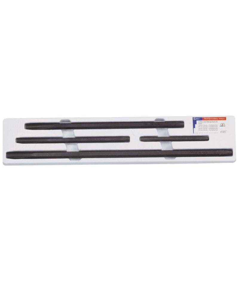 Set of 4 oval bearing punches in plastic tray, from Genius Tools brand.