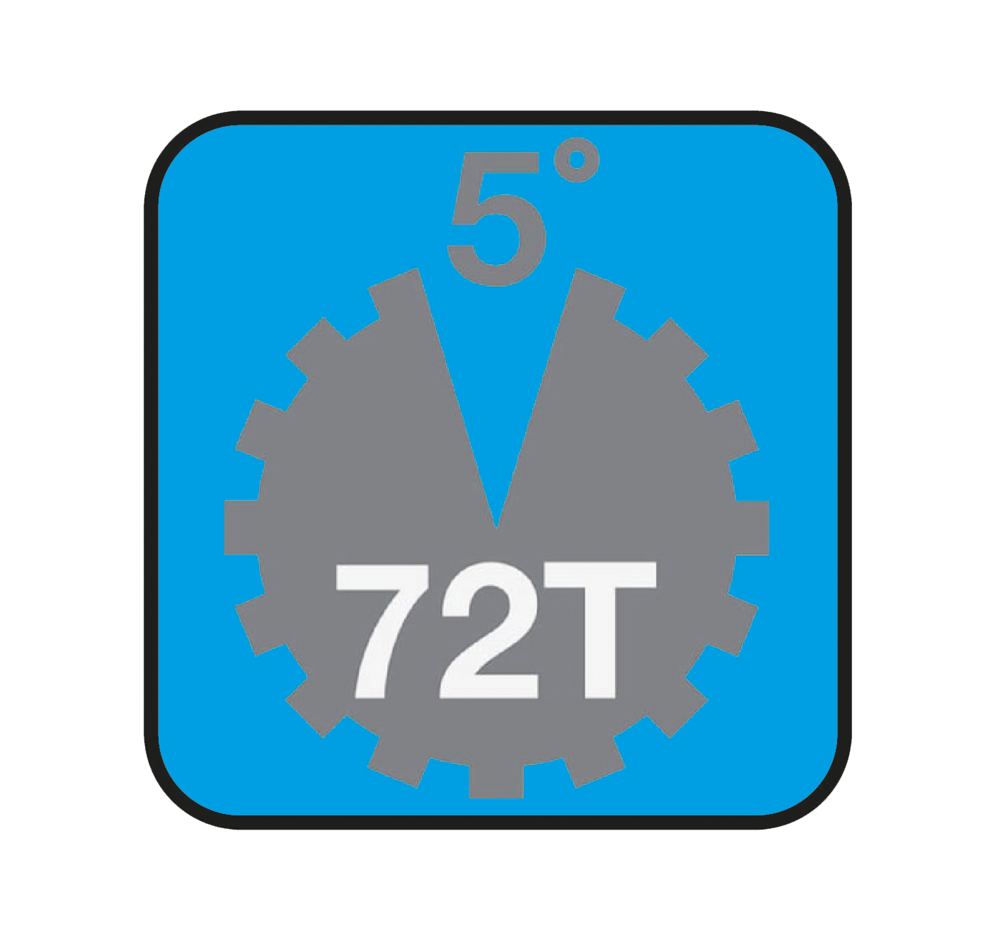 Logo with a gear design and text '5° 72T' on a blue background