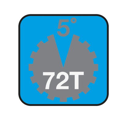 Logo with a gear design and text '5° 72T' on a blue background