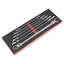 Sealey extra long flexi head double ended ratchet ring spanner set in tool control foam.