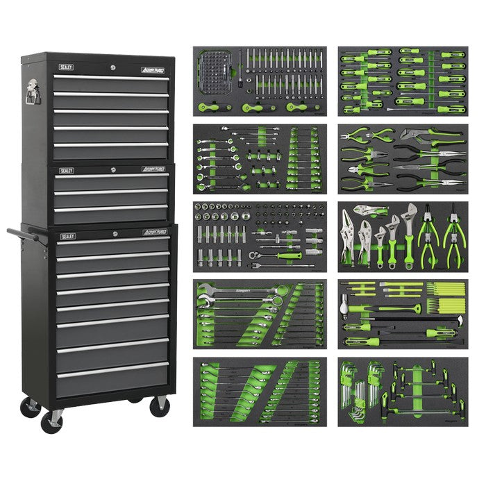 Tool Chest Combo 16 Drawer - Black/Grey & 398pc Tool Kit