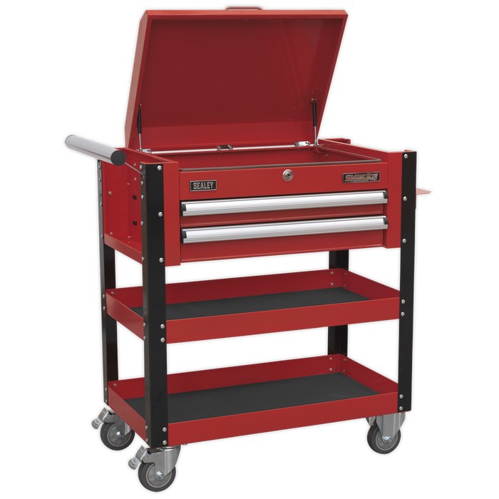 HD Mobile Tool & Parts Trolley 2 Drawer & Locking Top - Red