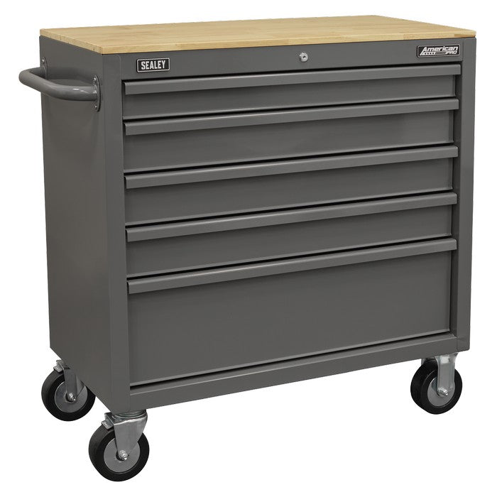 Sealey American PRO® Mobile Workstation with Wooden Worktop 5 Drawer - Grey