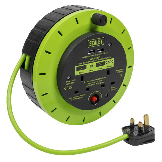 Cassette Type Cable Reel Green Thermal Trip 2x 230V, 2x USB