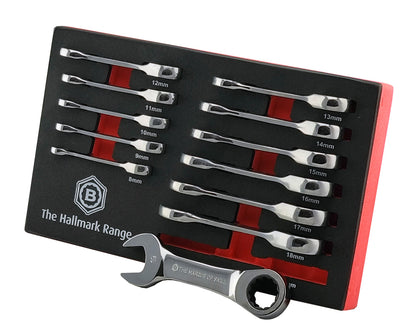 Britool Hallmark 12pc Stubby Ratcheting Spanner Set 8–19mm in Tool Control.