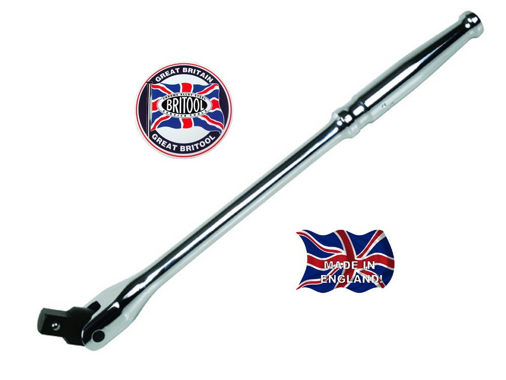 A high polished chrome finish 3/8 inch drive power bar tool with the Britool England brand logo.