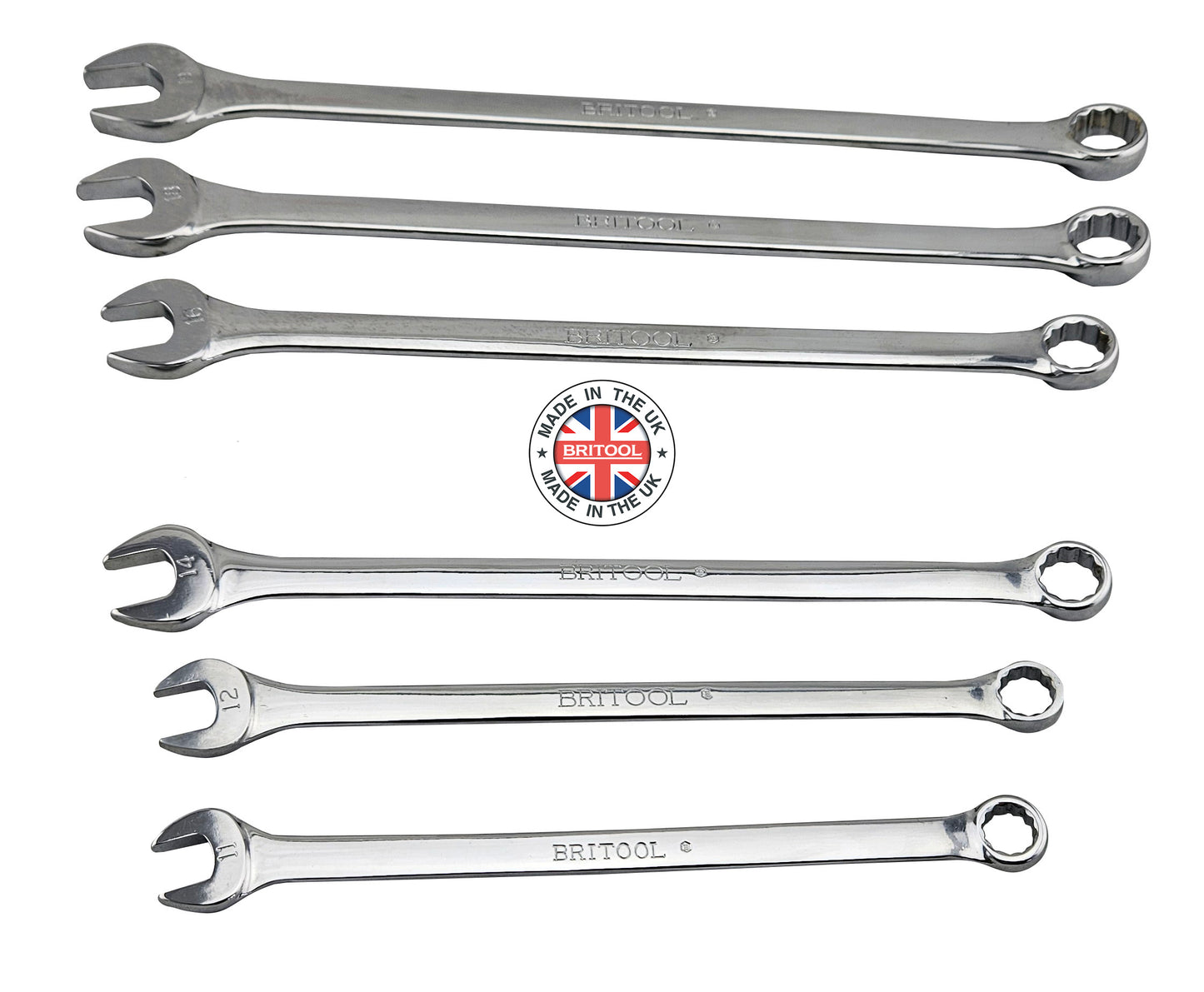 Set of Britool England made extra long combination spanners in polished chrome finish. Limited stock availability as no long made in the UK.