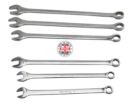 Set of Britool England made extra long combination spanners in polished chrome finish. Limited stock availability as no long made in the UK.