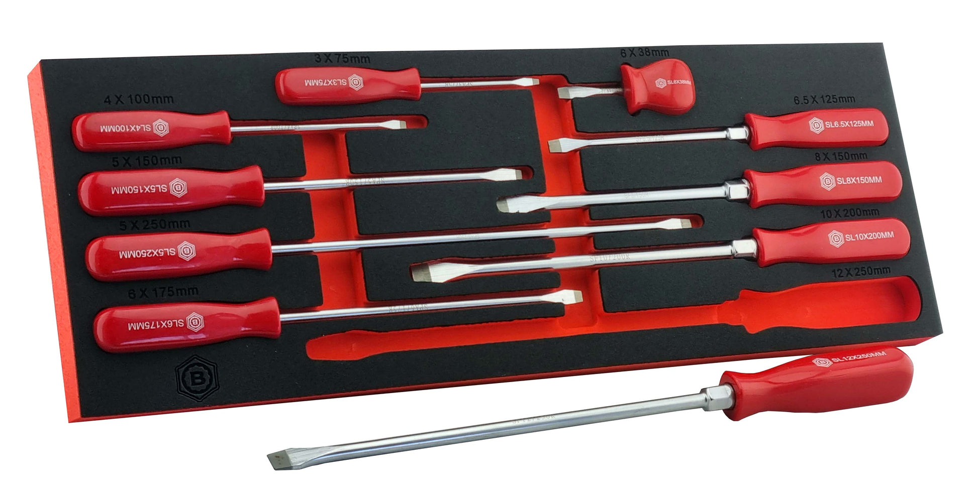 Set of Britool Hallmark slotted screwdrivers in a black and red foam tray on a white background