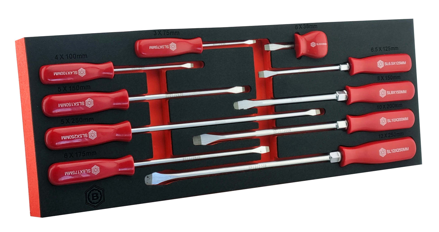 Set of Britool Hallmark slotted screwdrivers in a black and red foam tray on a white background