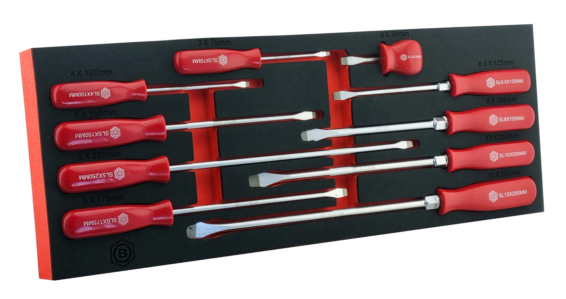 Set of Britool Hallmark slotted screwdrivers in a black and red foam tray on a white background