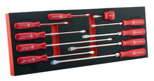 Set of Britool Hallmark slotted screwdrivers in a black and red foam tray on a white background