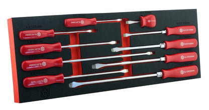 Set of Britool Hallmark slotted screwdrivers in a black and red foam tray on a white background