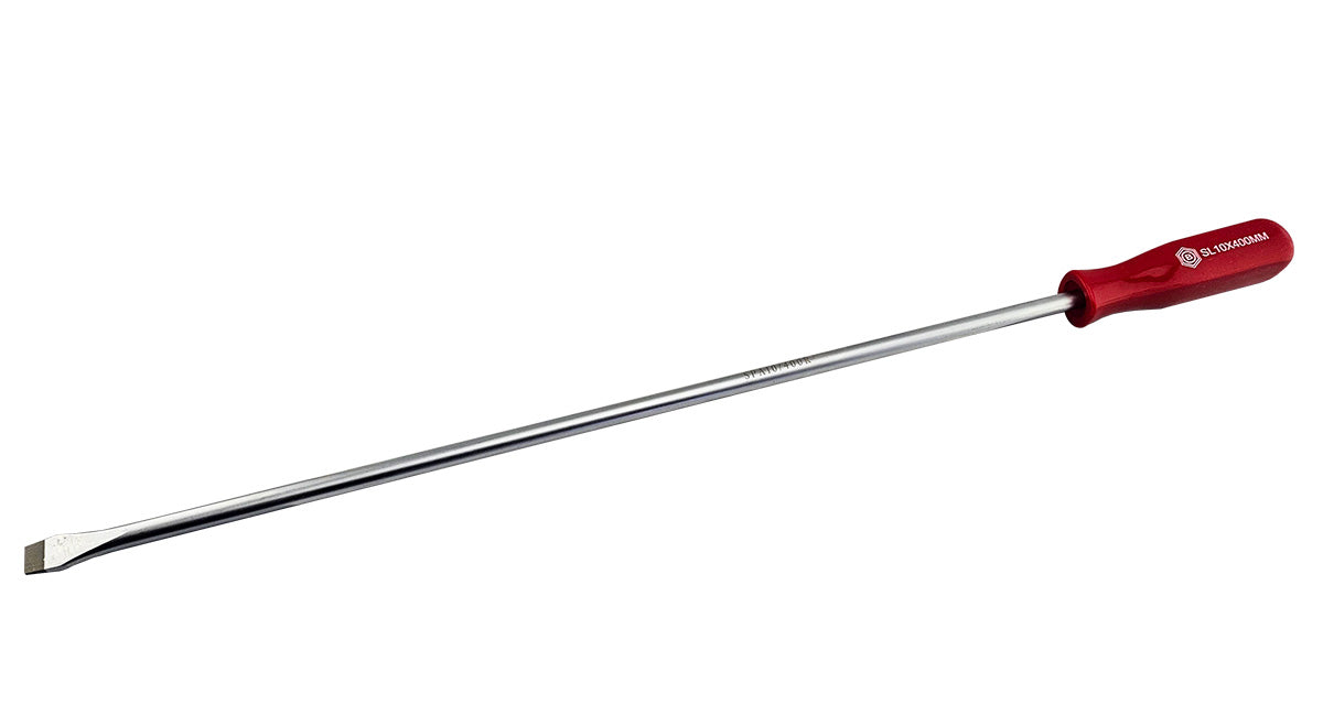 Red Handled Parallel tip Slotted Extra long screwdriver from Britool Hallmark, shows branding and size