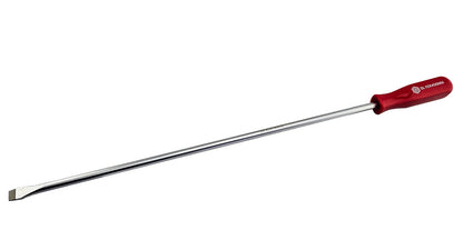 Red Handled Parallel tip Slotted Extra long screwdriver from Britool Hallmark, shows branding and size