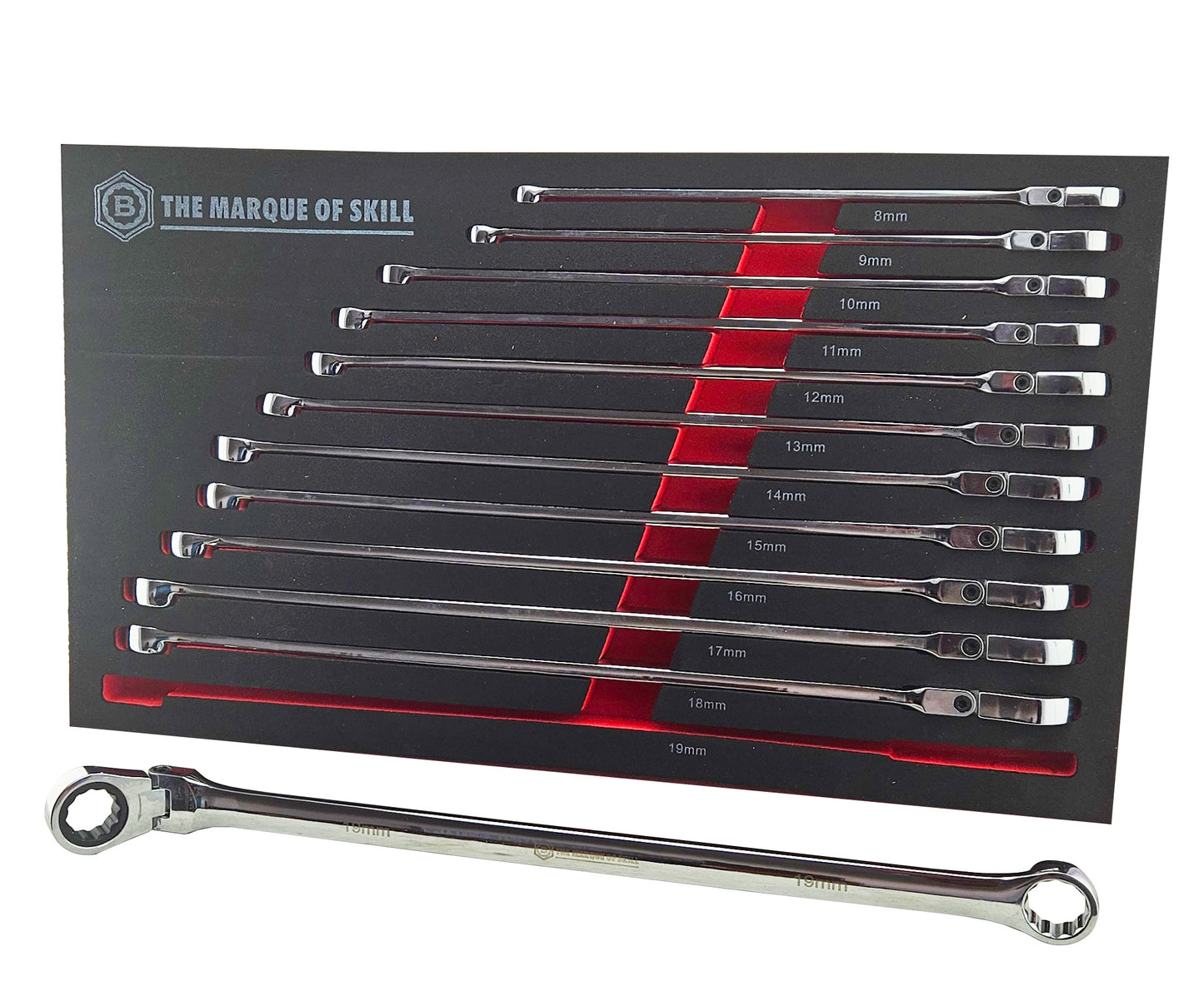 12 Piece set of flexi ratchet spanners, extra long from Britool Hallmark and supplied in tool control storage foam.  Covers sizes 8-19mm.  Fixed ring end and flexi ratchet ring end.