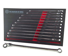 12 Piece set of flexi ratchet spanners, extra long from Britool Hallmark and supplied in tool control storage foam.  Covers sizes 8-19mm.  Fixed ring end and flexi ratchet ring end.