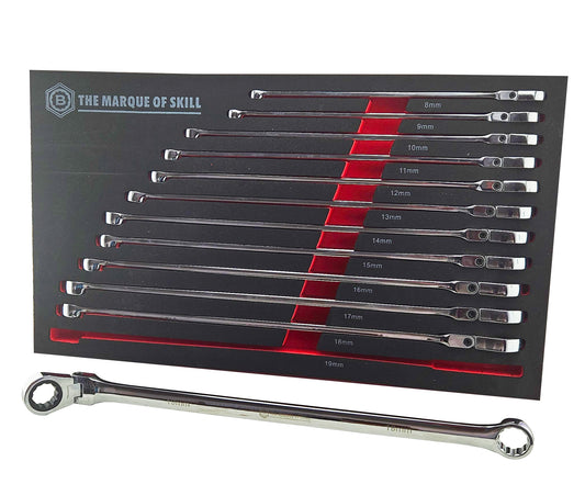 12 Piece set of flexi ratchet spanners, extra long from Britool Hallmark and supplied in tool control storage foam.  Covers sizes 8-19mm.  Fixed ring end and flexi ratchet ring end.