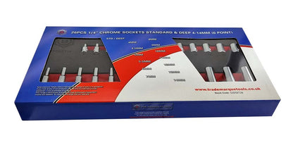 Britool Hallmark SSDSET26 1/4" drive socket in showing set in external cardboard packaging with branding and part reference.