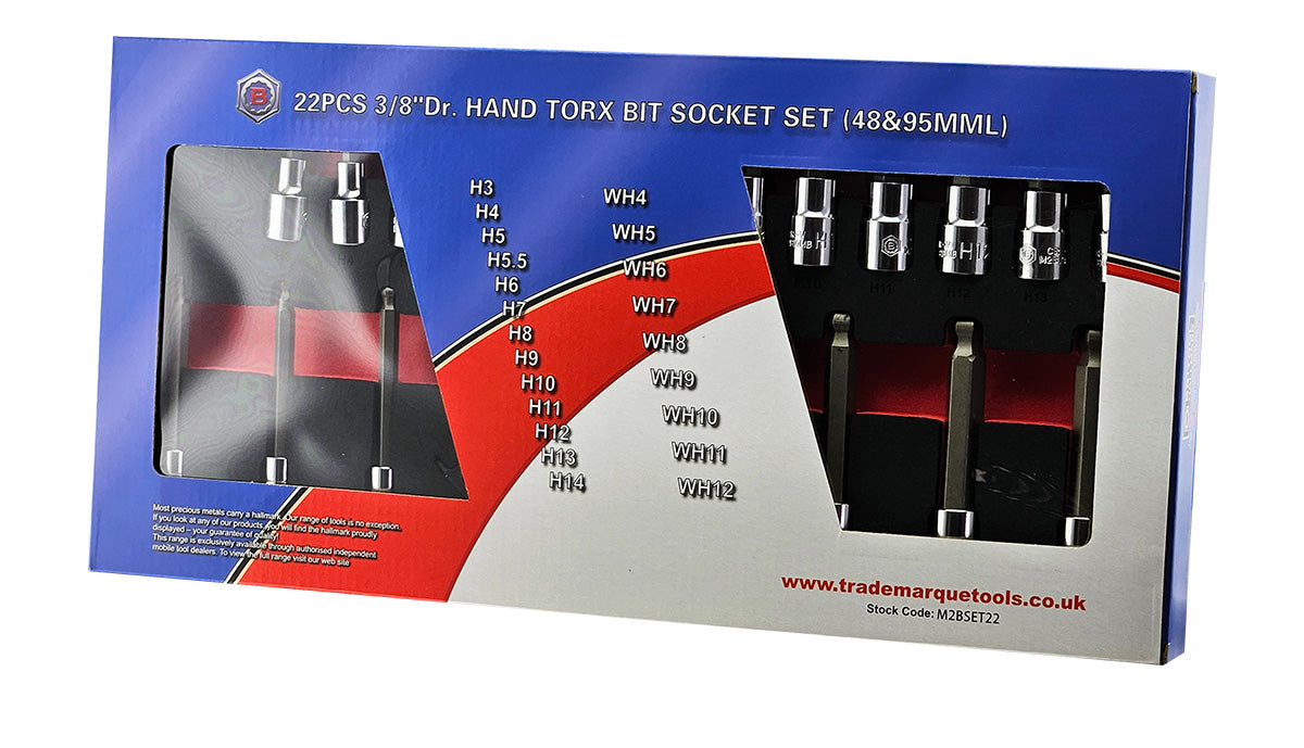 22 Piece Britool Hallmark Hexagon Bit Socket Set shown in its outer packaging, with branding and part references and sizes 3-14mm