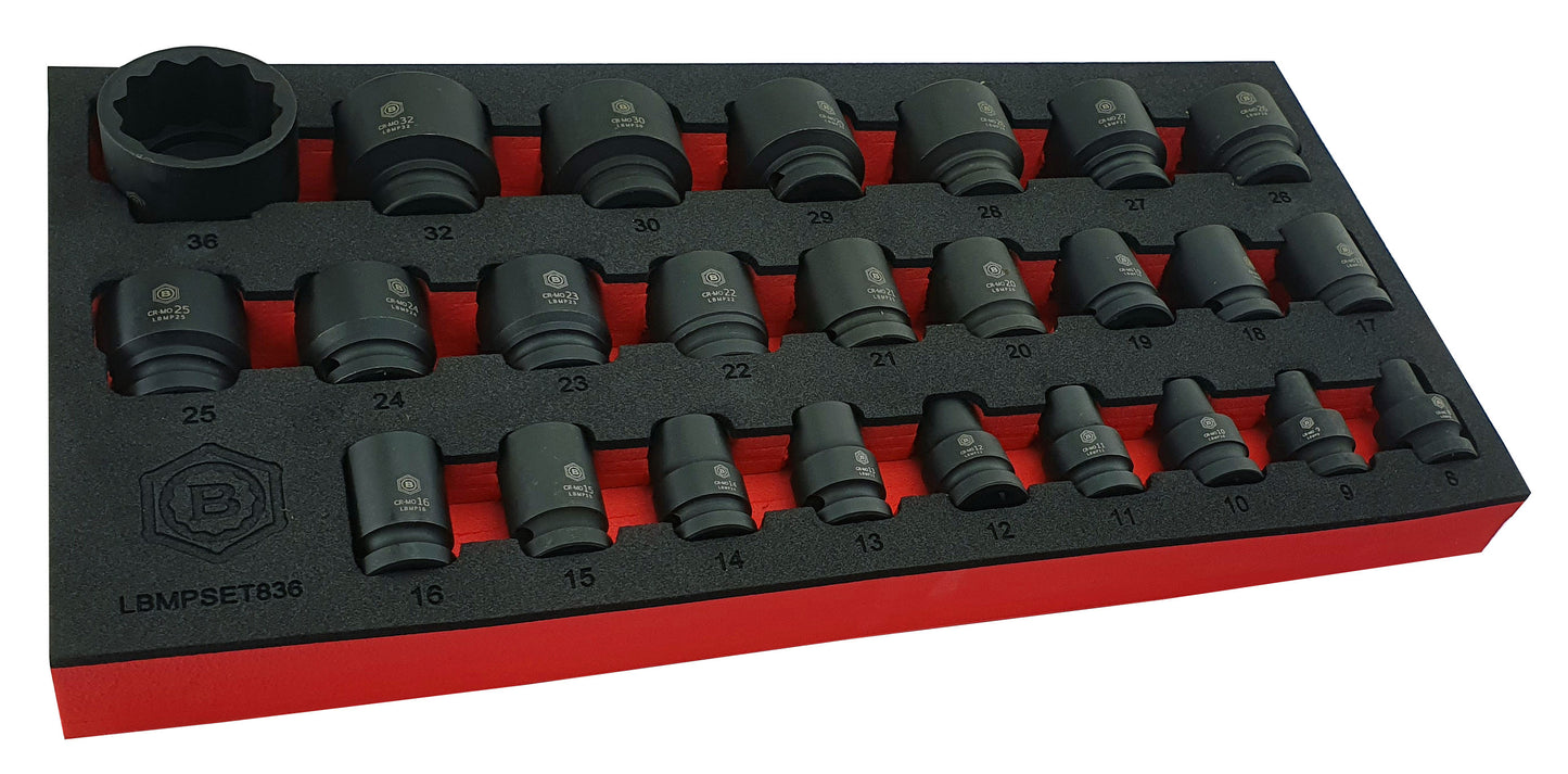 Britool Hallmark 25 piece 1/2" drive black impact socket set in foam tray with sizes 8-36mm with a 12 point profile.