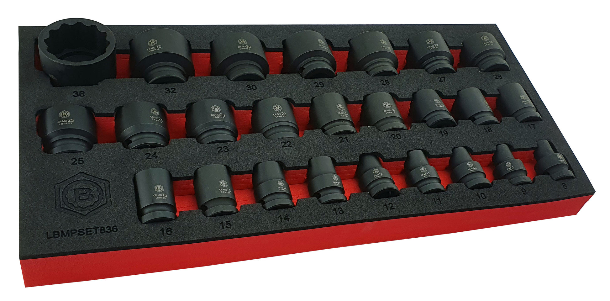 Britool Hallmark 25 piece 1/2" drive black impact socket set in foam tray with sizes 8-36mm with a 12 point profile.